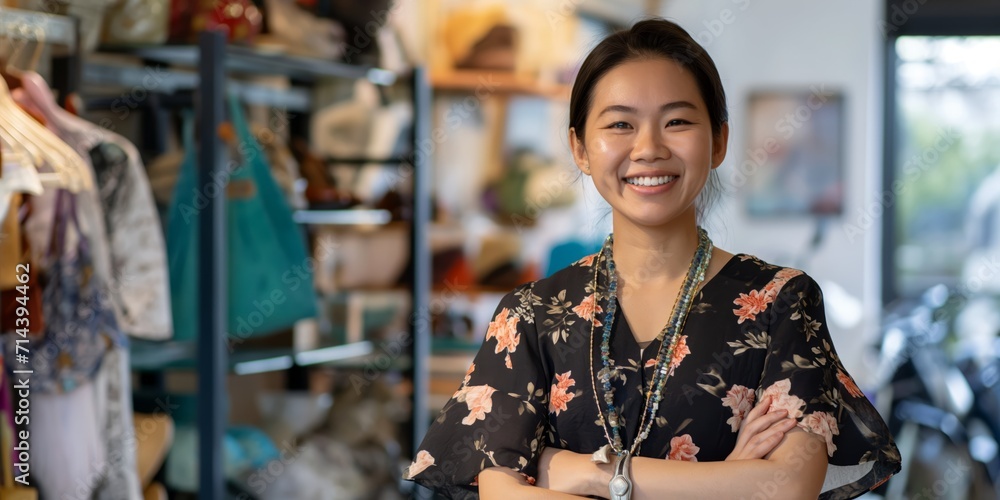small business owner showcasing her thriving shop with pride and determination