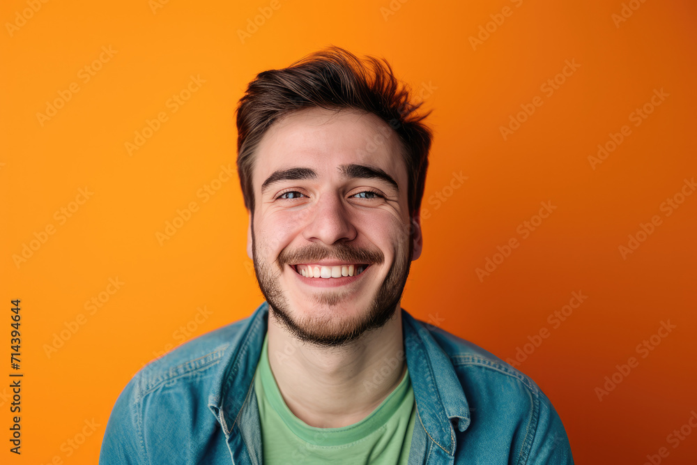 A man with a beard is smiling in front of an orange background A man with a beard is smiling in front of an orange background