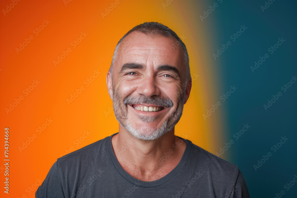 A man with a beard is smiling in front of an orange and blue background A man with a beard is smiling in front of an orange and blue background