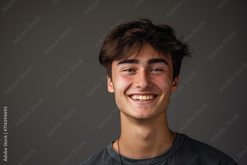 Fototapeta premium A young man wearing a grey shirt smiles for the camera