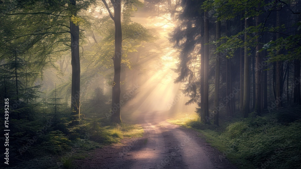  a dirt road in the middle of a forest with sunbeams shining through the trees on either side of the road is a dirt road with grass and trees on both sides.