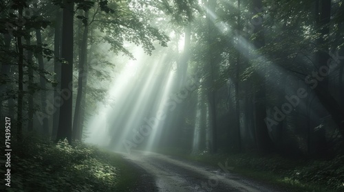  a dirt road in the middle of a forest with bright beams of light coming from the trees on either side of the road and on the other side of the road.
