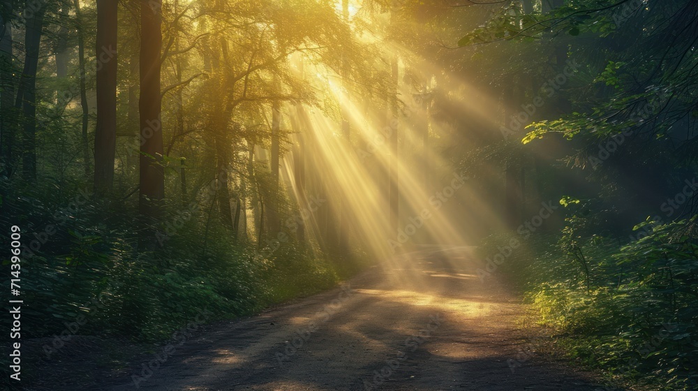 Obraz premium a dirt road in the middle of a forest with the sun shining through the trees on the other side of the road, with the sun shining through the trees on the other side of the road.