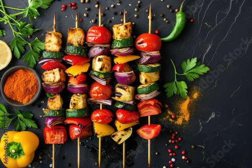 Vegetarian mixed vegetable skewers ready for a summer meal © Sattawat