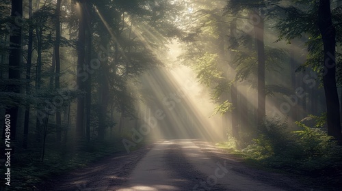  a dirt road in the middle of a forest with sunbeams shining through the trees on the other side of the road is a dirt road in the foreground.