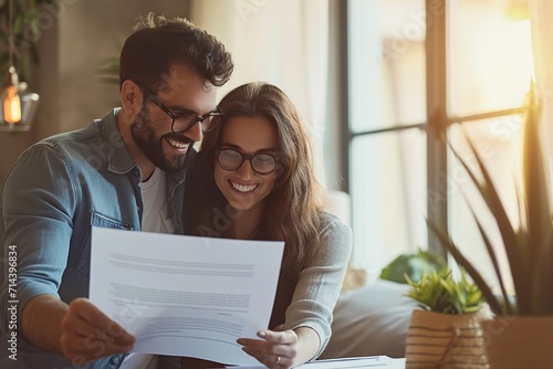 Man and woman couple smiling confident reading document at home
