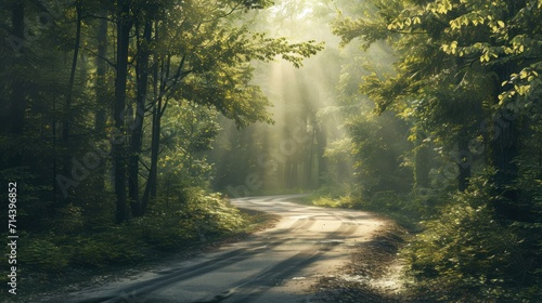  a dirt road in the middle of a forest with sunbeams shining through the trees on either side of the road is a dirt road that runs through the woods. © Anna