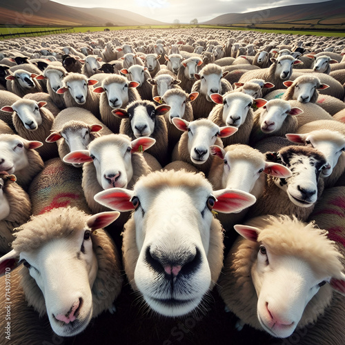 Herd Flock of Funny Young and Old Woolly Sheep Animals in a Big Farm Pasture Meadow Field in Rows & Columns Staring at the Camera in the Shining Sun. White Fluffy Heads Out of the Stable in Farmland
