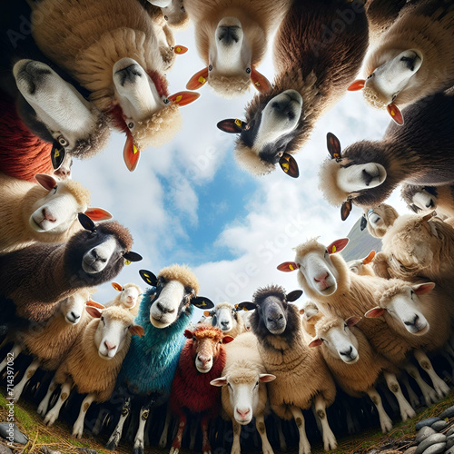 Herd Flock Round Circle of Funny Young & Old Woolly Sheep Animals in a Big Farm Pasture Meadow Field from Rows & Columns Staring at Camera in Shining Sun White Fluffy Heads Out of Stable in Farmland