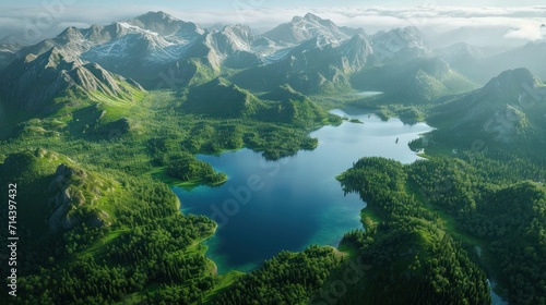  an aerial view of a mountain range with a lake in the foreground and a group of trees in the foreground, surrounded by fog and low lying clouds in the foreground. © Anna
