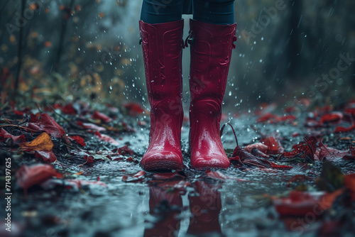 red wellies in a forest during a storm. autumn storms. winter. concept of storm, protection. raincoat