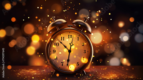 Happy New Year countdown, Clock and fireworks, lights and bokeh effect, Golden clock