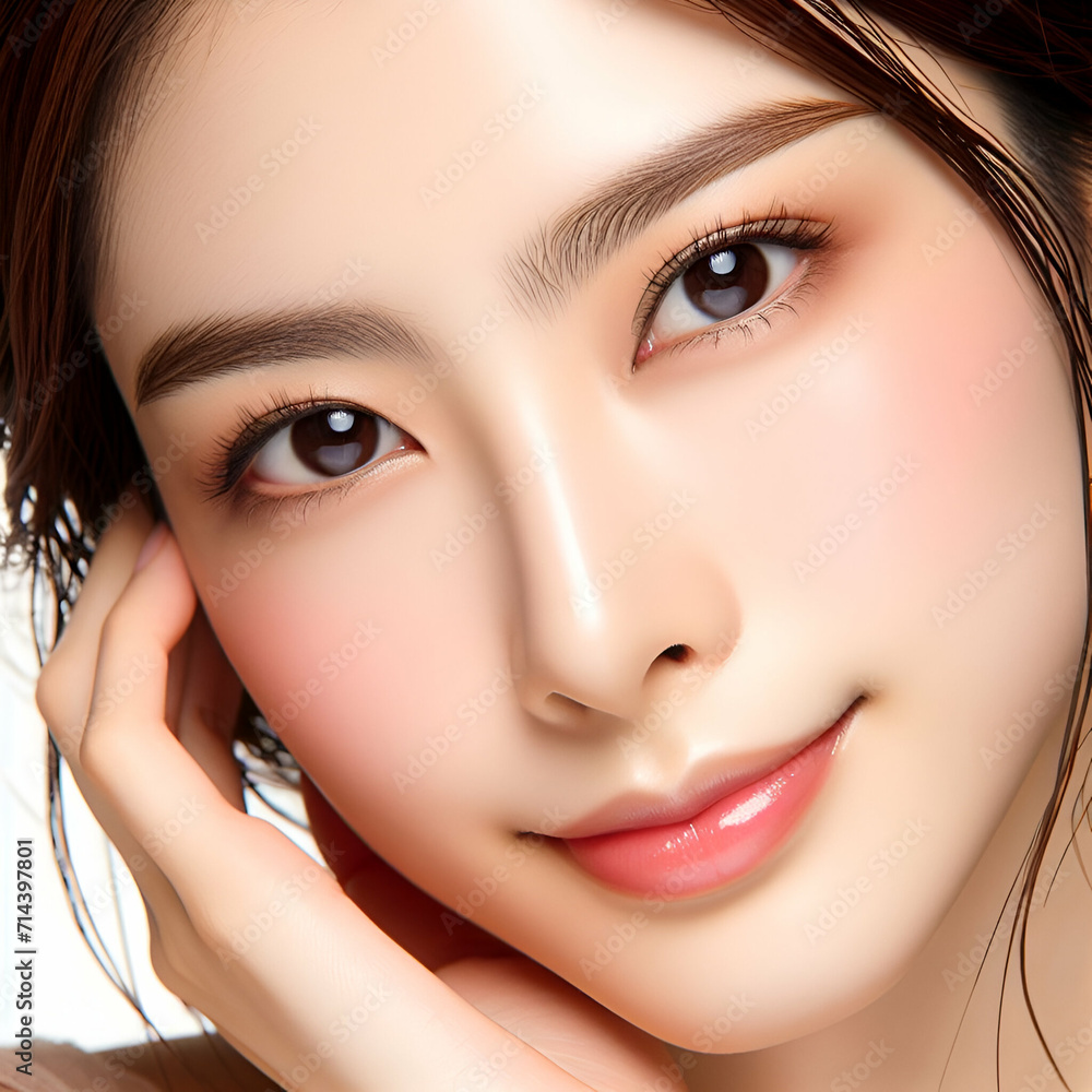 japanese woman touch face with smooth healthy skin. Beautiful young looking asian woman happy smiling, beauty and cosmetics advertising concept japanese woman touch face with smooth healthy skin. Beautiful young looking asian woman happy smiling, beauty and cosmetics advertising concept