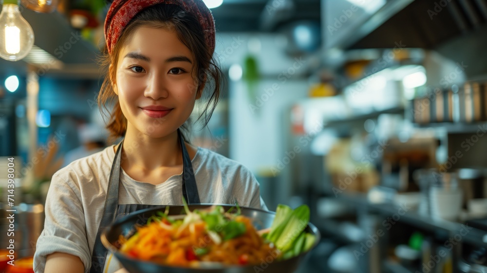 ํYoung Asian woman chef is cooking food in a restaurant, Asian restaurant