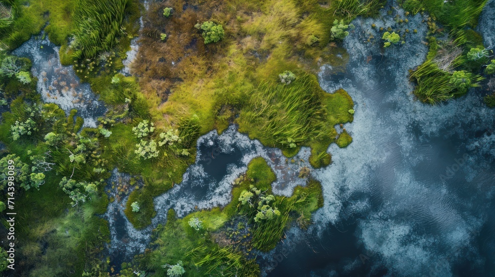  an aerial view of a large body of water surrounded by lush green trees and a blue body of water in the middle of the picture is a body of water.