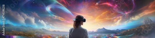 A virtual reality escape panorama,  where users explore holographic landscapes and surreal dreamscapes photo
