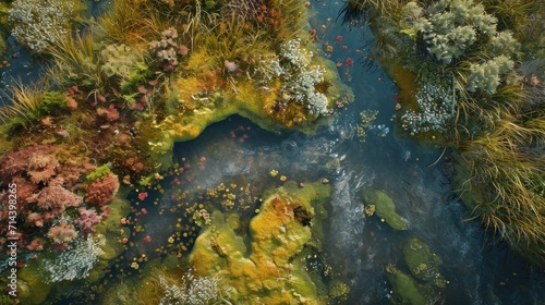  an aerial view of a body of water surrounded by green and yellow plants and plants on both sides of the water, with a blue body of water in the middle of the foreground. © Anna