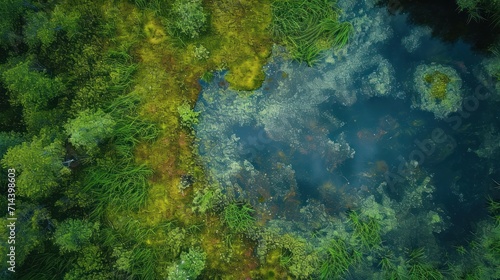  an aerial view of a body of water surrounded by lush green trees and a lot of blue water in the middle of the picture is an aerial view from above.