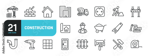 Set of line icons related to construction, building, renovation, architect. Outline icons collection. Editable stroke. Vector illustration.
