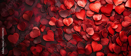 A vibrant display of love and passion, as a pile of red hearts in shades of valentines day hues - from deep carmine to bright coquelicot - evokes a sense of romance and affection photo