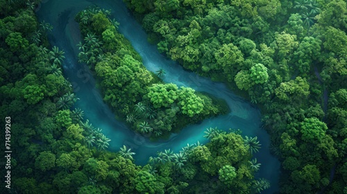  an aerial view of a river in the middle of a forest with lush green trees on both sides of the river and blue water in the middle of the river. © Anna