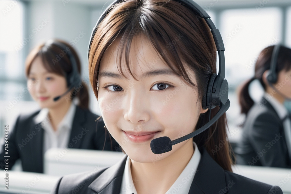 コールセンターでヘッドセットをつけて美しく微笑む日本人(アジア人)女性