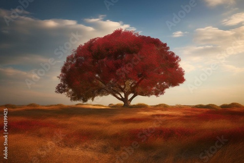 A huge crimson tree standing alone, formed into the figure of a heart, situated in an open grassland. Generative AI