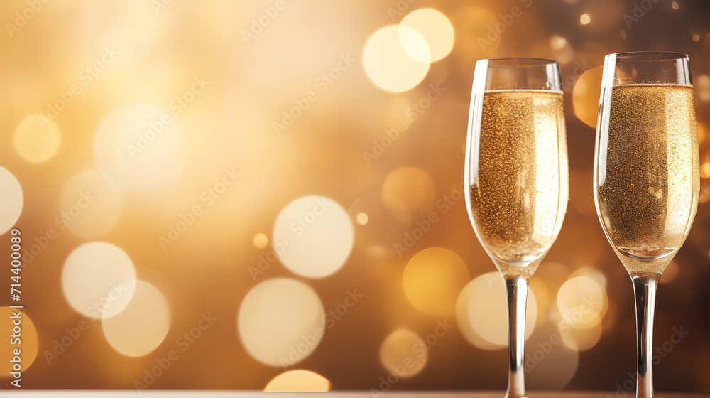 Champagne glasses on gold background with light flares with copy space,Christmas and new year Champagne glasses on gold background with light flares with copy space,Christmas and new year