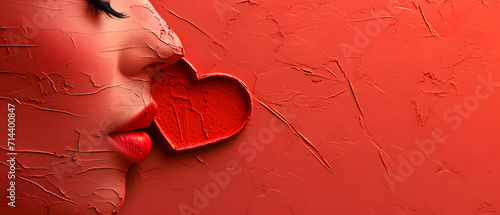 A passionate, abstract heart-shaped box rests upon a bold red wall, evoking feelings of love and intensity photo