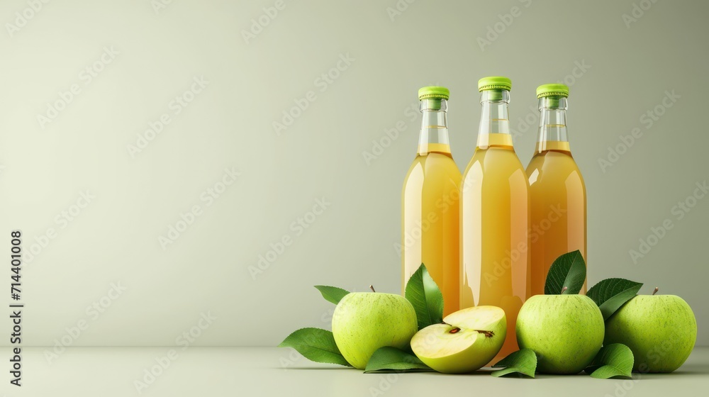 three bottles of apple cider sitting on top of a table next to two green apples and two green leaves on the bottom of the bottles, and a light gray background. three bottles of apple cider sitting on top of a table next to two green apples and two green leaves on the bottom of the bottles, and a light gray background.