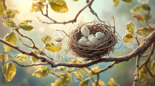  a bird's nest on a tree branch with three eggs in the middle of the nest, with drops of water on the branch, in the foreground.