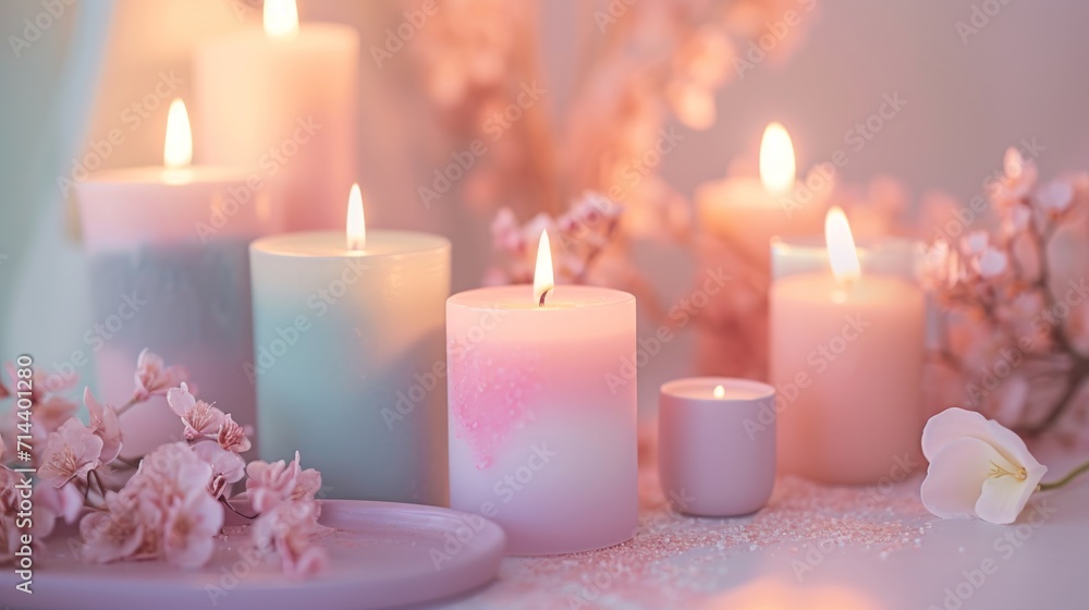 a group of lit candles sitting on top of a table next to pink flowers and a plate with a pink flower on top of the table next to the candles. a group of lit candles sitting on top of a table next to pink flowers and a plate with a pink flower on top of the table next to the candles.
