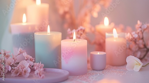  a group of lit candles sitting on top of a table next to pink flowers and a plate with a pink flower on top of the table next to the candles.
