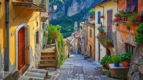  a narrow cobblestone street with steps leading up to a building with a mountain in the backgrouf of the street and a few potted plants on either side. © Anna