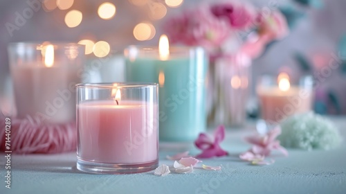  a group of candles sitting on top of a table next to a vase filled with flowers and a string of twine of pink and white lights in the background.