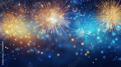Abstract background new year, cheering crowd and blue and gold fireworks