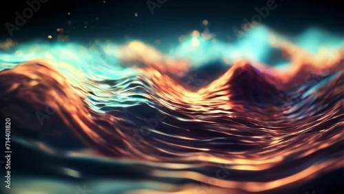 Undulating water surface catching light, creating vividly colored ripples. The dynamic wave shapes and light effects produce an ethereal atmosphere.
 photo
