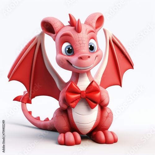 3d cute dragon with a bow on a white background. Valentine s Day concept