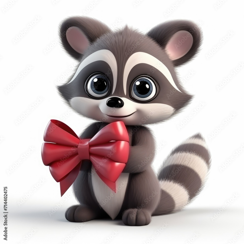 3d cute raccoon with a bow on a white background. Valentine's Day card concept