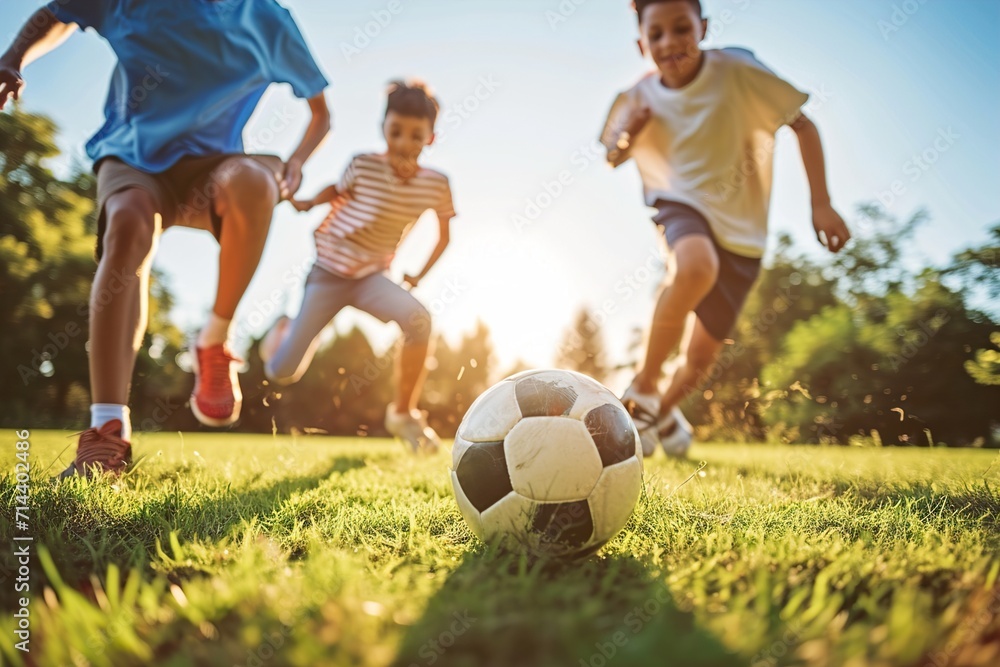 Active family play soccer in their leisure time - obrazy, fototapety, plakaty 