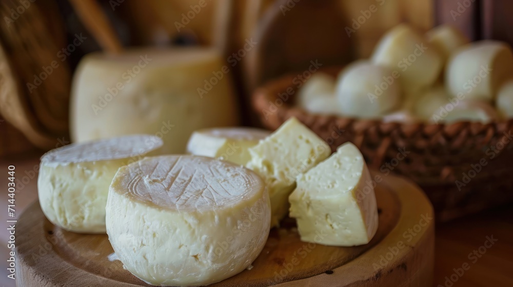  a pile of cheese sitting on top of a wooden cutting board next to a basket of cubes of cheese on top of a wooden counter top of a table.