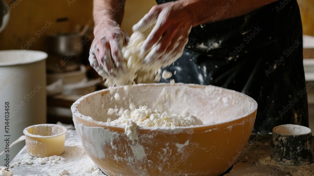  a person kneading dough in a bowl on top of a wooden table next to a bowl with a measuring cup and a measuring cup on the side of the bowl.