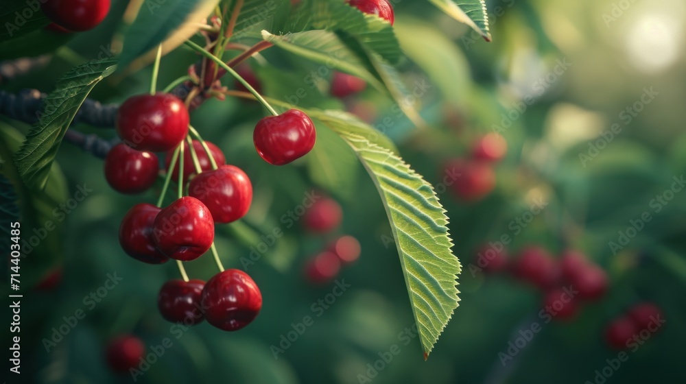 a close up of a bunch of cherries on a tree with green leaves and sunlight shining through the leaves and the berries on the tree are red and green. a close up of a bunch of cherries on a tree with green leaves and sunlight shining through the leaves and the berries on the tree are red and green.