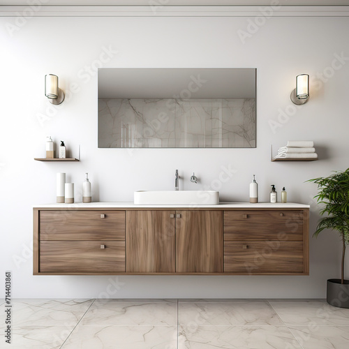 Modern bathroom interior with dark walls, marble basin with double mirror, bathtub, parquet floor. Minimalist black bathroom with modern furniture. photo