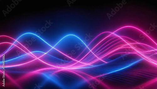 3d render, abstract panoramic background, neon light, laser show, impulse, equalizer chart, ultraviolet spectrum, pulse power lines, quantum energy impulse, pink blue violet glowing dynamic line