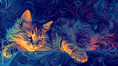 Luminous Fractal Art Cat in Woodcut and Linocut Style Background created with Generative AI Technology