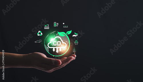 Reduce greenhouse gas emission concept. Carbon footprint climate change and sustainable. CO2 reduction, save energy, Reduce CO2 gas emission, low greenhouse gas emission, protect environment