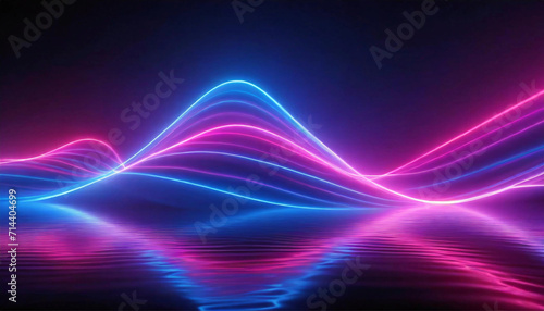 3d render, abstract panoramic background, neon light, laser show, impulse, equalizer chart, ultraviolet spectrum, pulse power lines, quantum energy impulse, pink blue violet glowing dynamic line