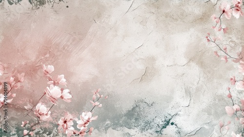  a painting of pink flowers on a gray and white background with space for a text or an image to put on a card or brochure or postcard.