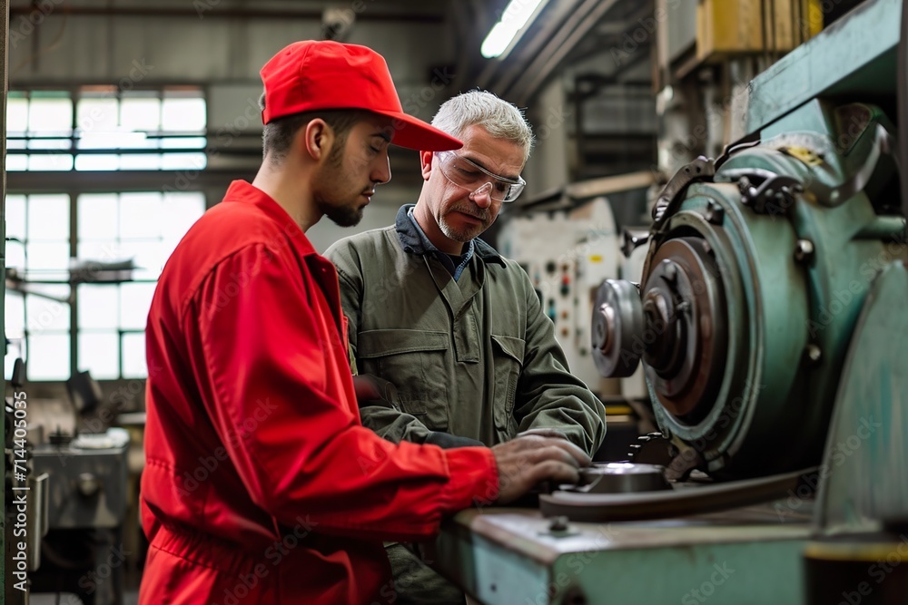 Metal worker teaching trainee on machine use Metal worker teaching trainee on machine use